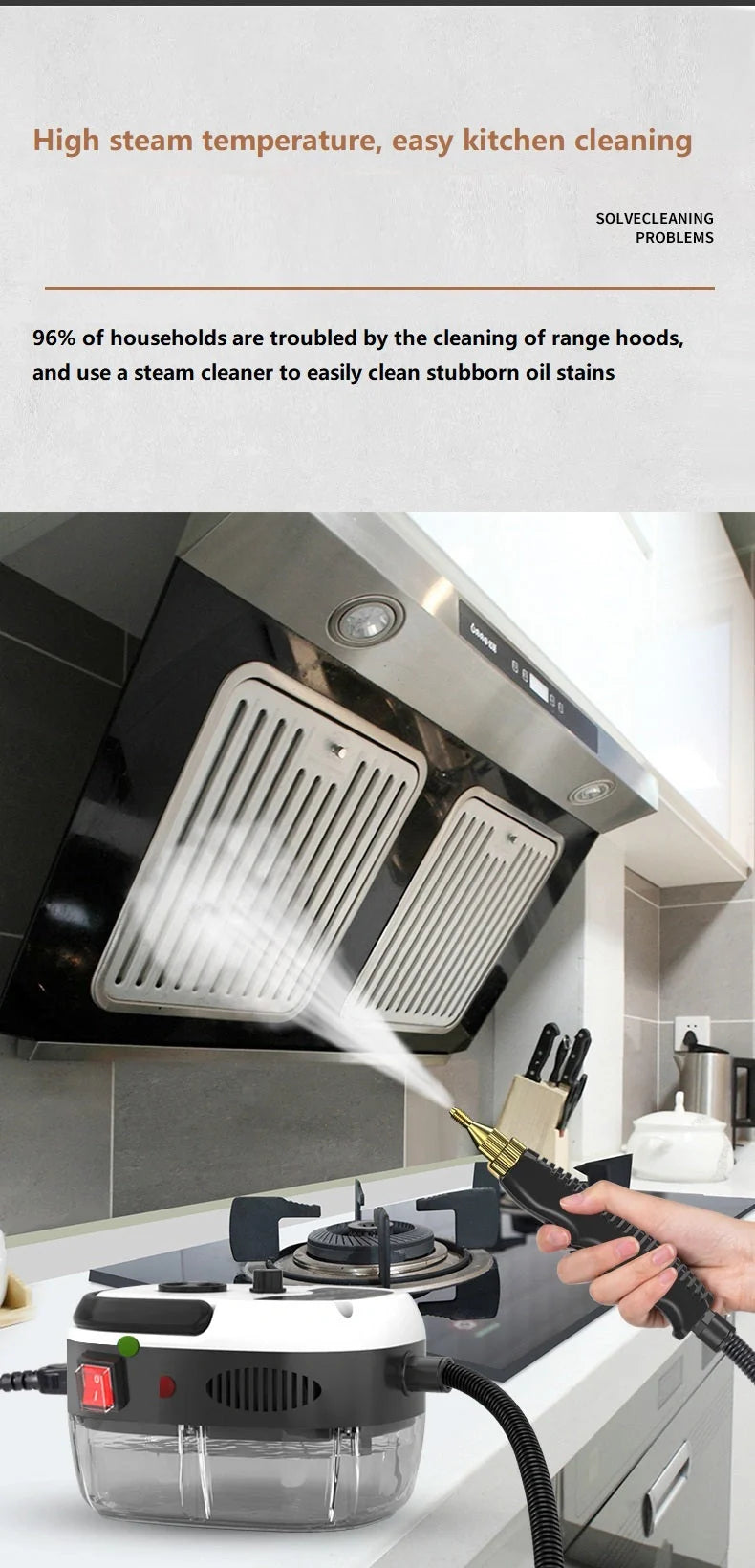 High Pressure Steam Cleaner with large glass water tank and multifunctional spray gun for kitchen cleaning