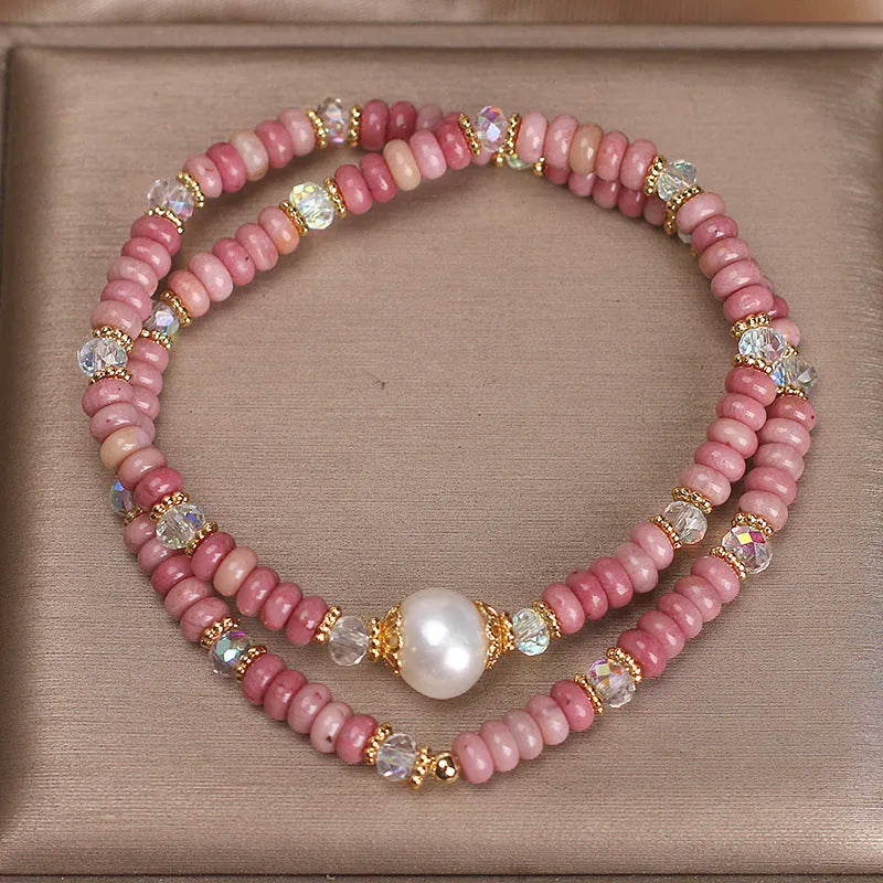 Natural colour hair crystal bracelet with red rhodochrosite double circle, pearl and chalcedony lotus seedpod pendant for women
