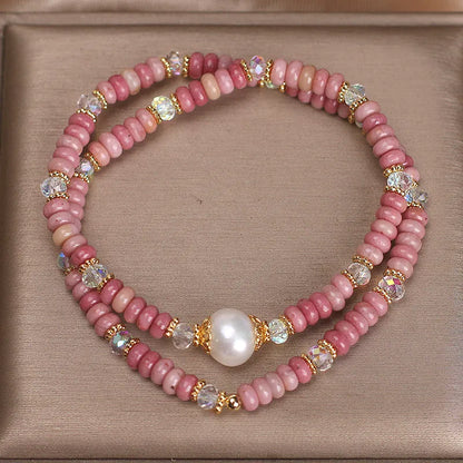 Natural colour hair crystal bracelet with red rhodochrosite double circle, pearl and chalcedony lotus seedpod pendant for women