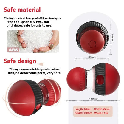 Colourful rotating plastic cat toy ball with treat dispenser and sound, shown next to a cat.