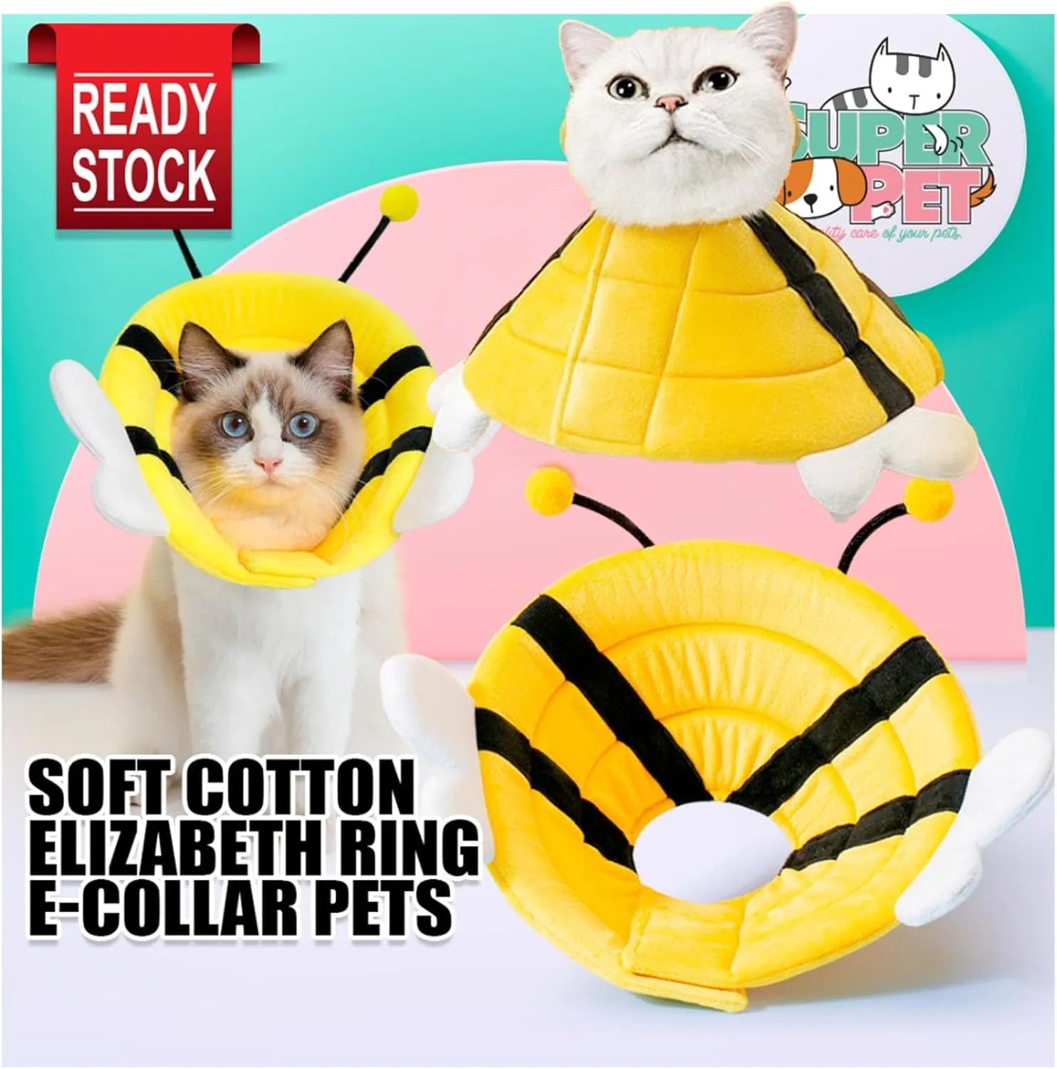 Soft fabric cat cone collar with cute bee design and Velcro closure on a table