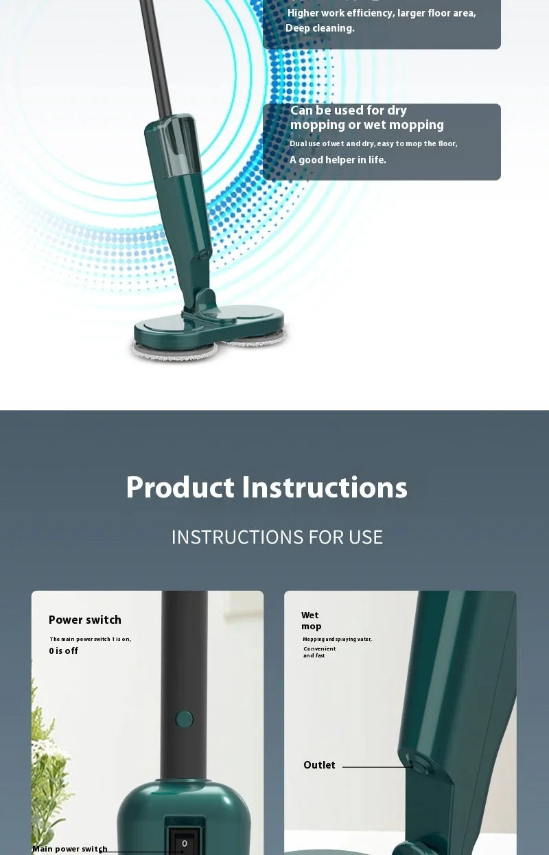 White and green cordless floor cleaning machine with sweeping brushes and water tank.