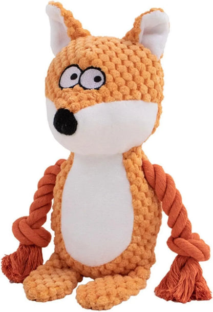 Interactive dog plush toy with squeaker, crinkle paper, and cotton rope in animal designs