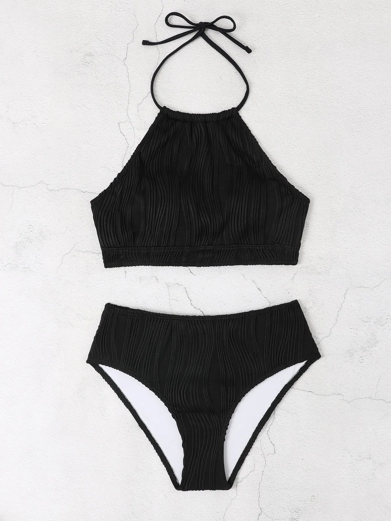 Women's conservative high-waist apron swimwear two-piece set in solid colour