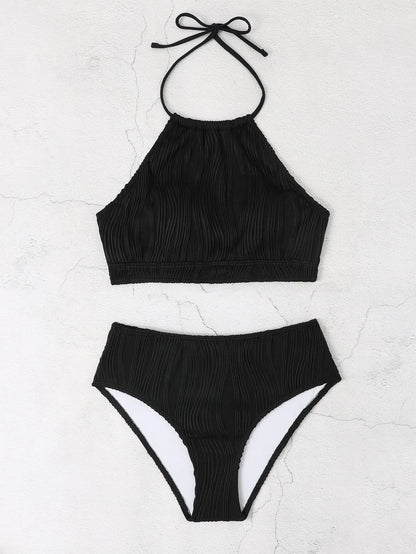 Women's conservative high-waist apron swimwear two-piece set in solid colour