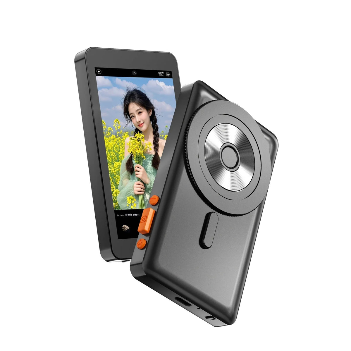 4-inch wireless selfie multi-monitoring device with magnetic mount, plastic body, black and white options.