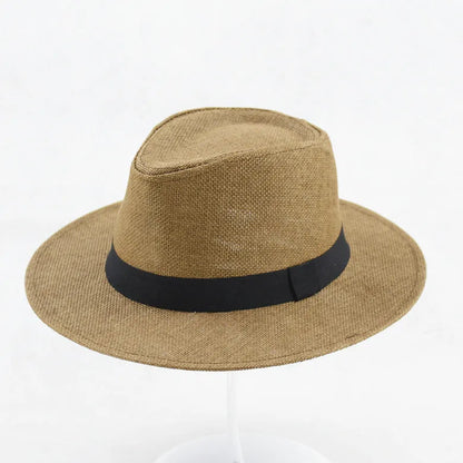 Men's wide brim flat top sun hat in beige colour with a paper fabric construction.
