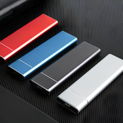 Portable solid state drive with metal shell showing colour options and compact 10.3cm size