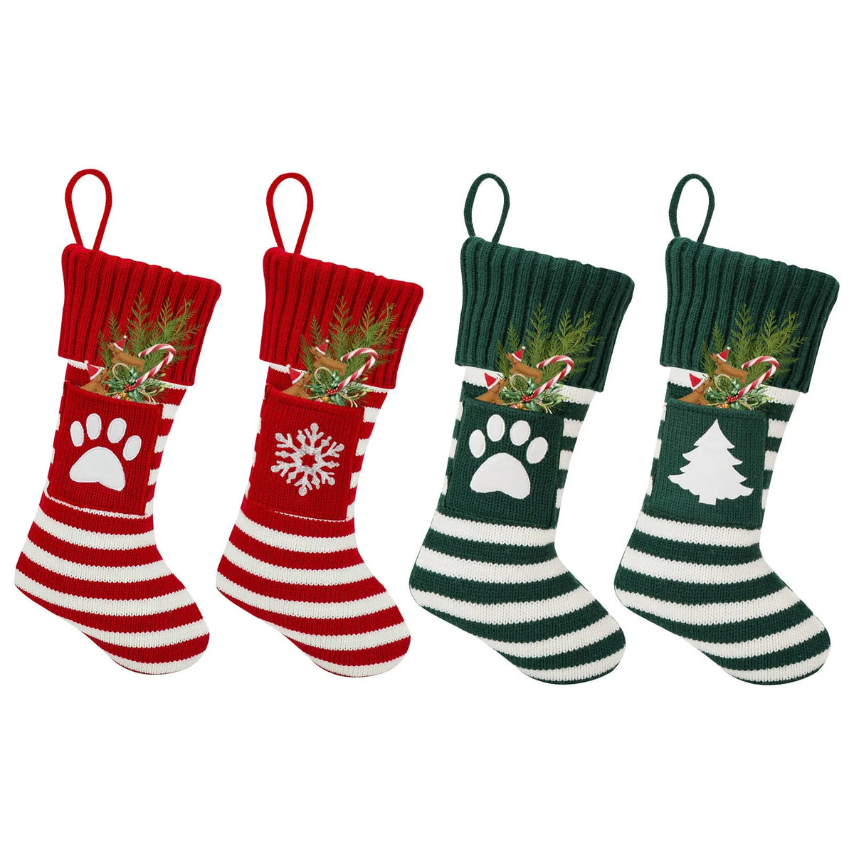 Knitted Christmas cat and dog socks in a gift bag, one pair, with red dog's paw, snowflake, green tree, or red elk patterns.