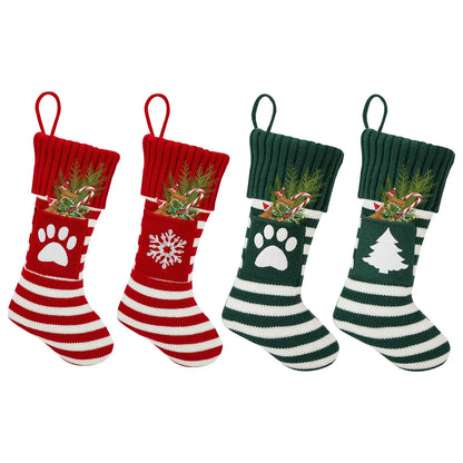 Knitted Christmas cat and dog socks in a gift bag, one pair, with red dog's paw, snowflake, green tree, or red elk patterns.
