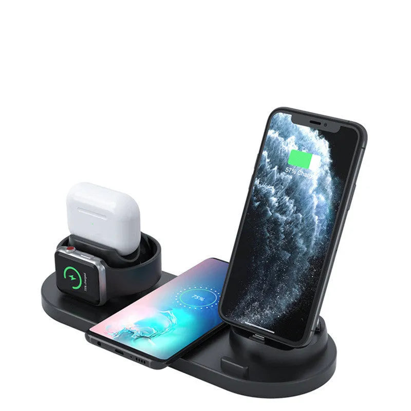 Black or white 6-in-1 wireless charging mobile phone holder station for Apple devices.