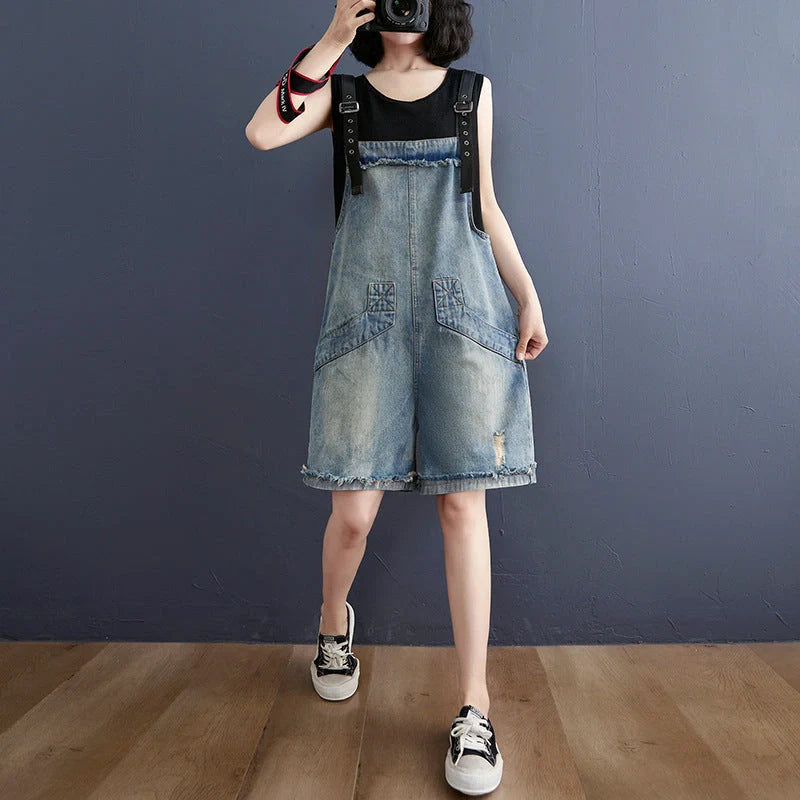 Women's blue denim jean suspenders with adjustable straps, Korean design
