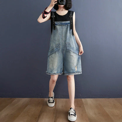 Women's blue denim jean suspenders with adjustable straps, Korean design