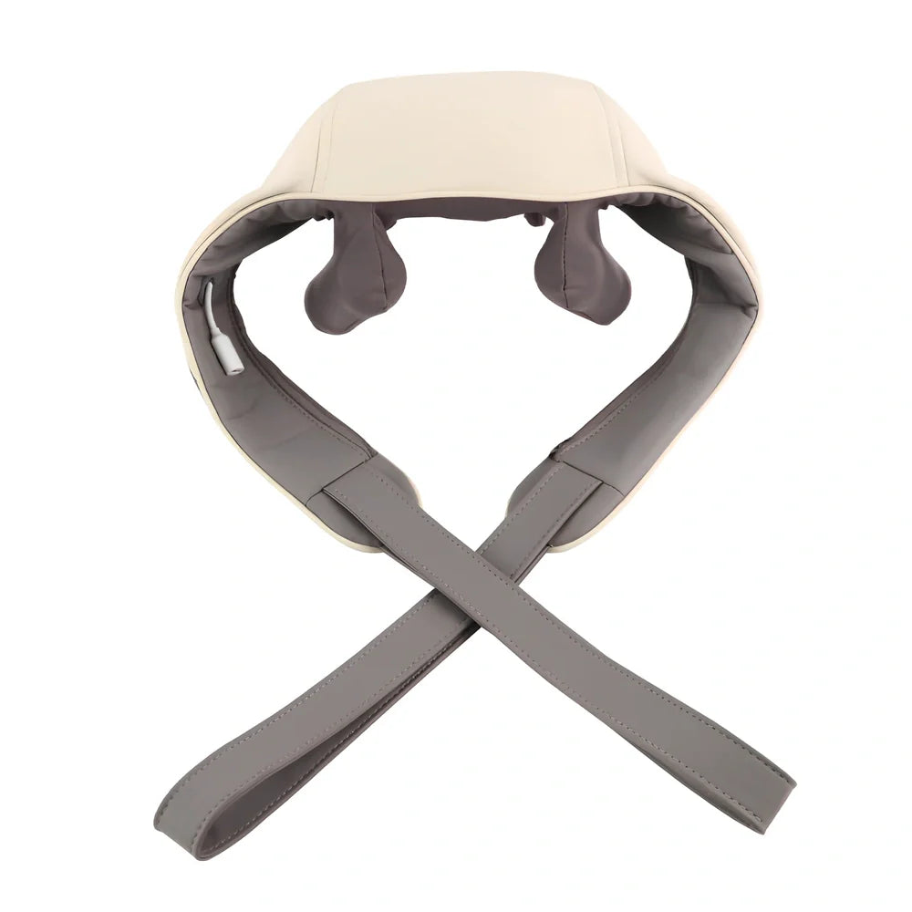White and grey electric shoulder massager strap with adjustable length showing massage nodes and control button