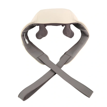 White and grey electric shoulder massager strap with adjustable length showing massage nodes and control button
