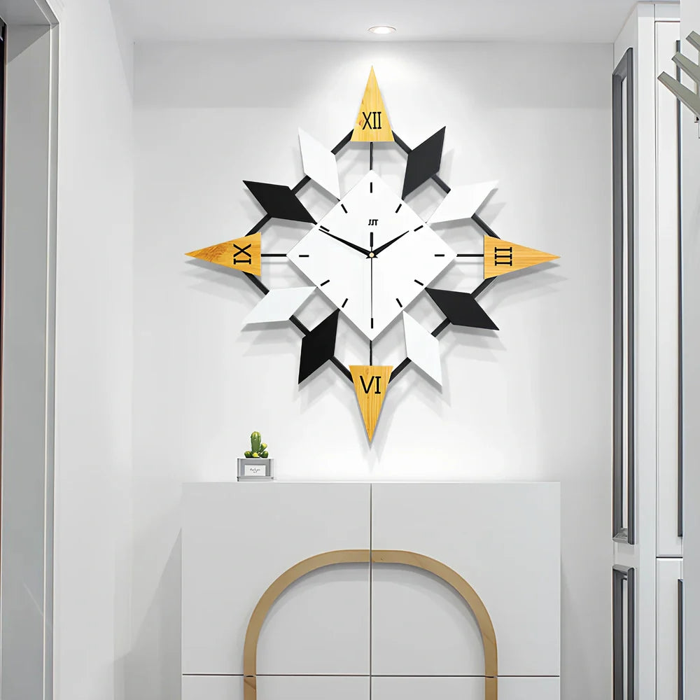 Large diamond pattern wall clock with solid wood dial measuring 60x60cm with silent movement