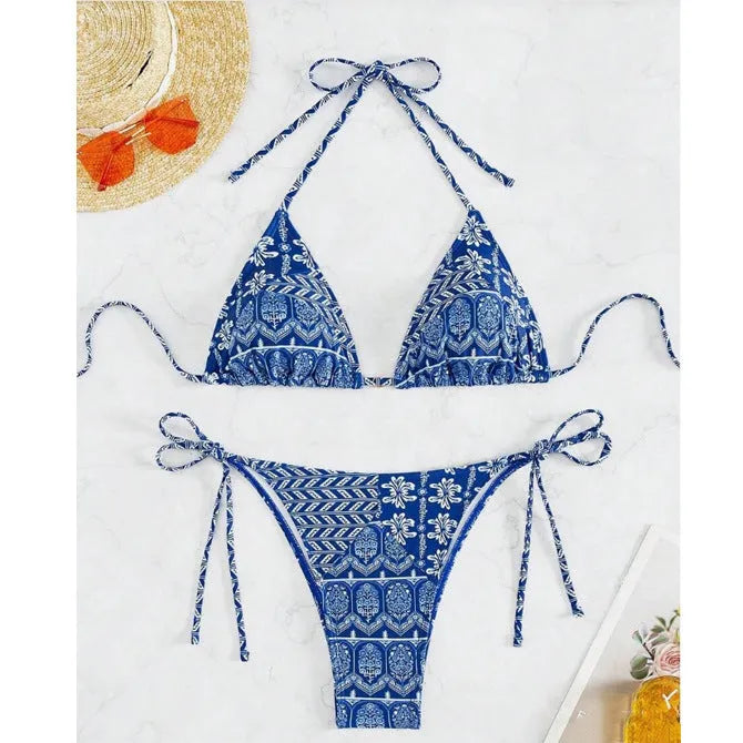 Women's bandage swimsuit with split bikini printing and stitching detail, two-piece set in polyester fabric, available in green, orange, picture colour, pink and red, sizes XS, S, M, and L for adult swimming and wading activities