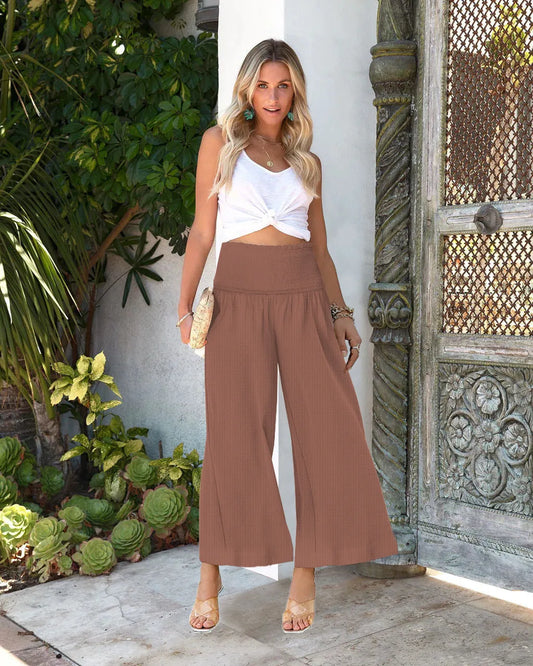 Women's high waist pleated cotton trousers in various colours with micro elasticity and cropped length