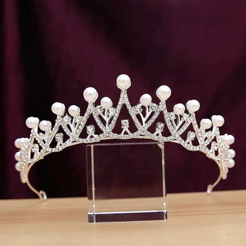 Silver pearl bridal tiara crown with white crystal, adult and children sizes, alloy electroplated
