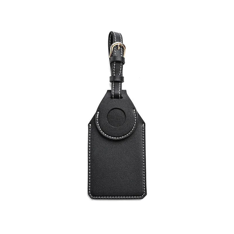 Luggage tag tracker protective cover in black, brown, and orange colours made from PU/PVC material.
