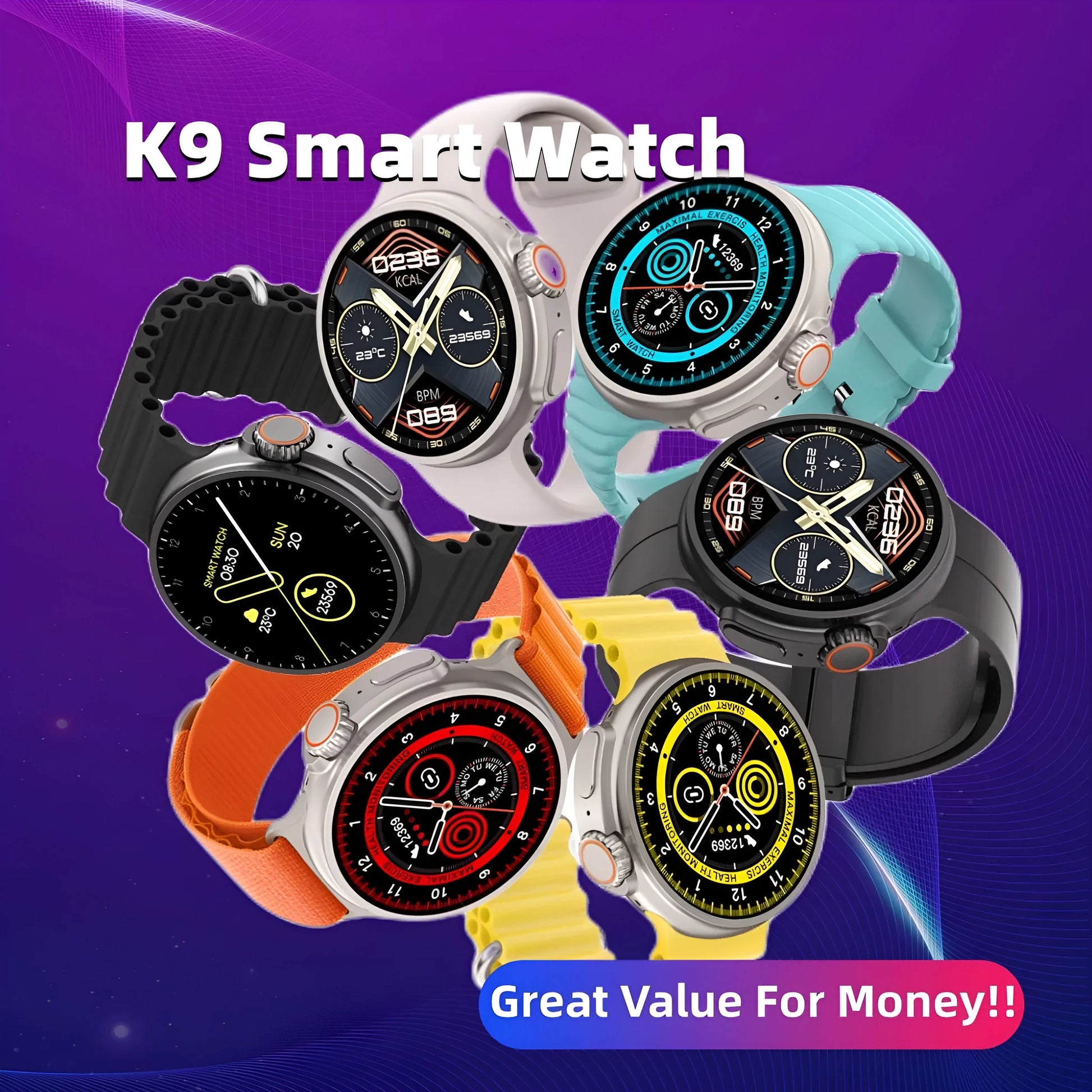 K9 smart watch with circular screen and silicone strap showing interface with health metrics