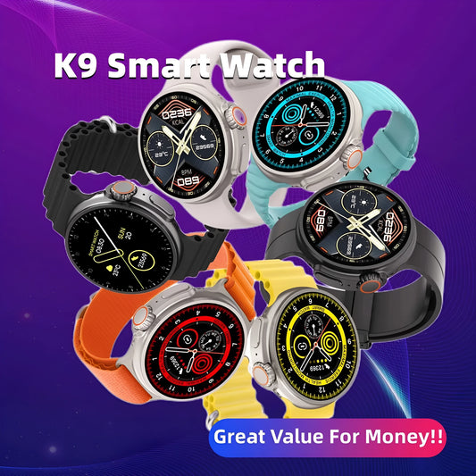 K9 smart watch with circular screen and silicone strap showing interface with health metrics