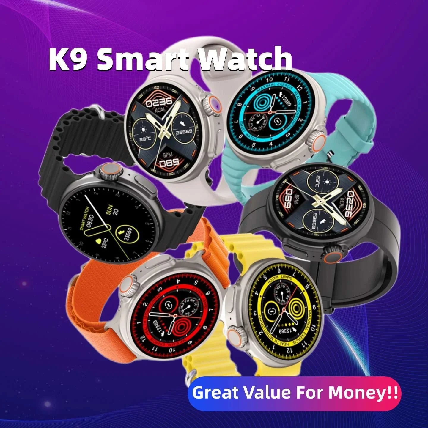 K9 Smart Watch with 1.39-inch round display, wireless charging, NFC, and comprehensive health and fitness tracking features