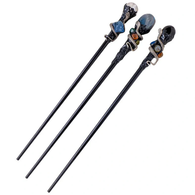 Natural crystal ball magic wand with wooden handle showing labradorite, obsidian, white crystal, or amethyst options