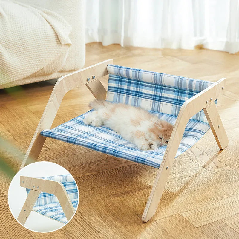 Wooden elevated cat hammock bed with soft fabric insert in blue or green colour options
