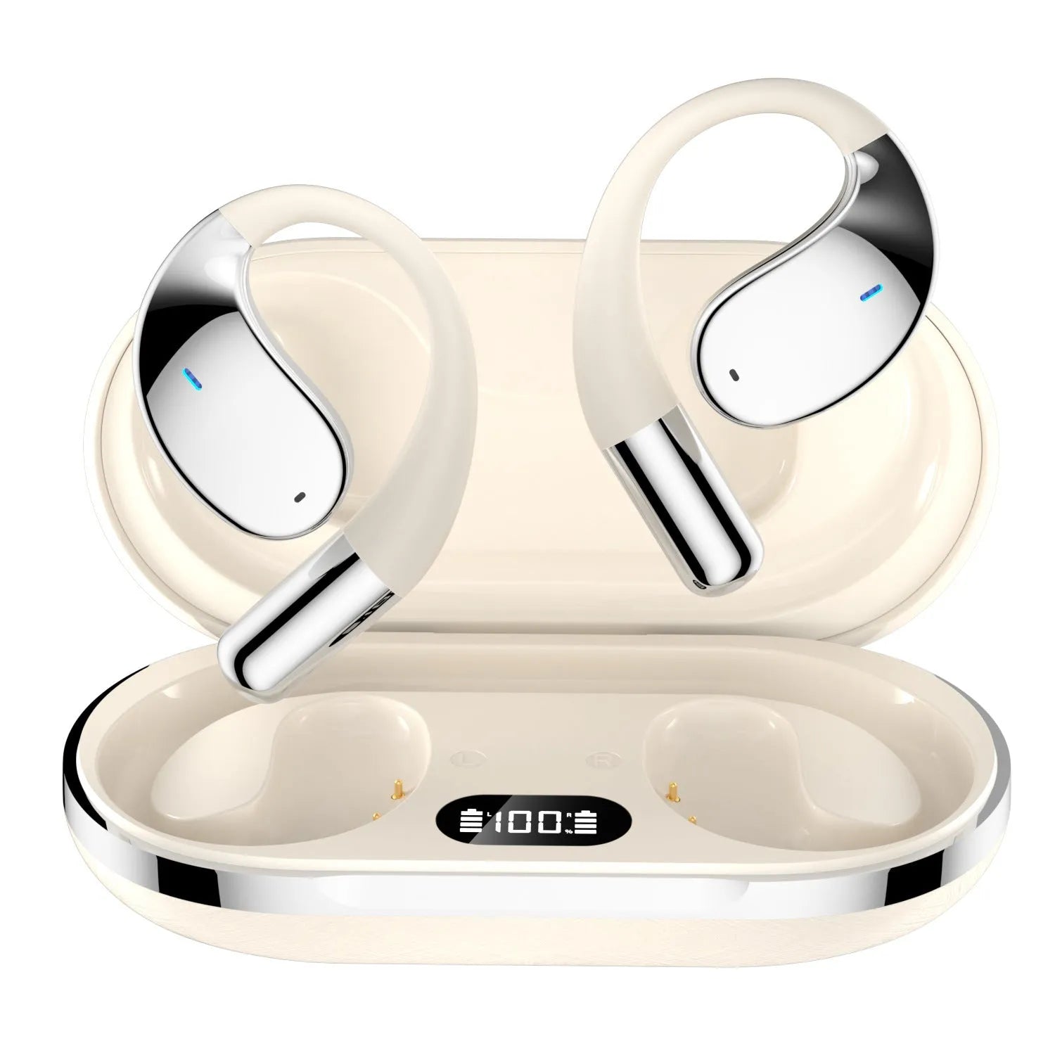 Black hanging ear Bluetooth earphones showing ear-mounted sports design with plastic aluminium alloy construction