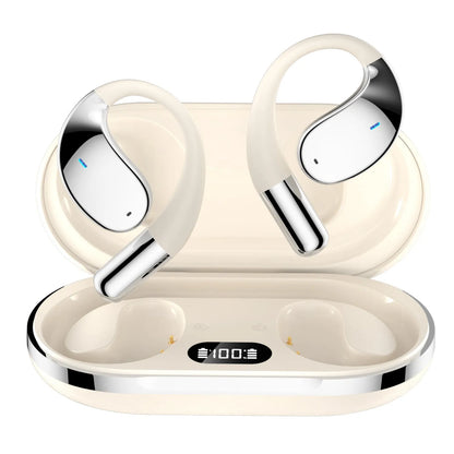 Black hanging ear Bluetooth earphones showing ear-mounted sports design with plastic aluminium alloy construction