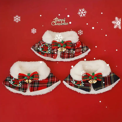 Pet wearing festive scarf with snowflake bell design, red background, adjustable fit for winter warmth