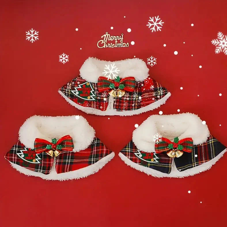 Pet wearing Christmas scarf with snowflake pattern, showing adjustable fit and holiday design details