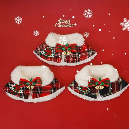 Pet wearing Christmas scarf with snowflake pattern, showing adjustable fit and holiday design details