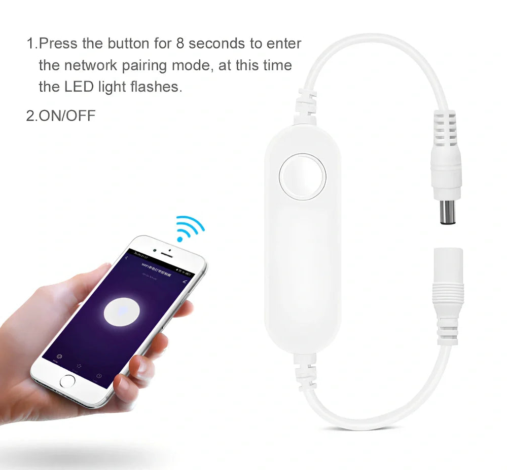 Flexible smart LED neon light strip showing curved installation with mobile app control interface