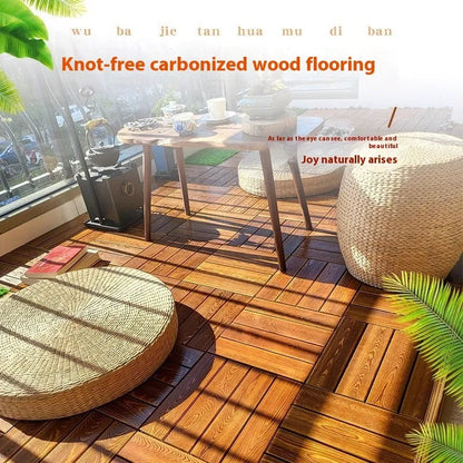 Camphor pine flooring tiles with brush wax oil finish, 30cm by 30cm dimensions, for indoor and outdoor use