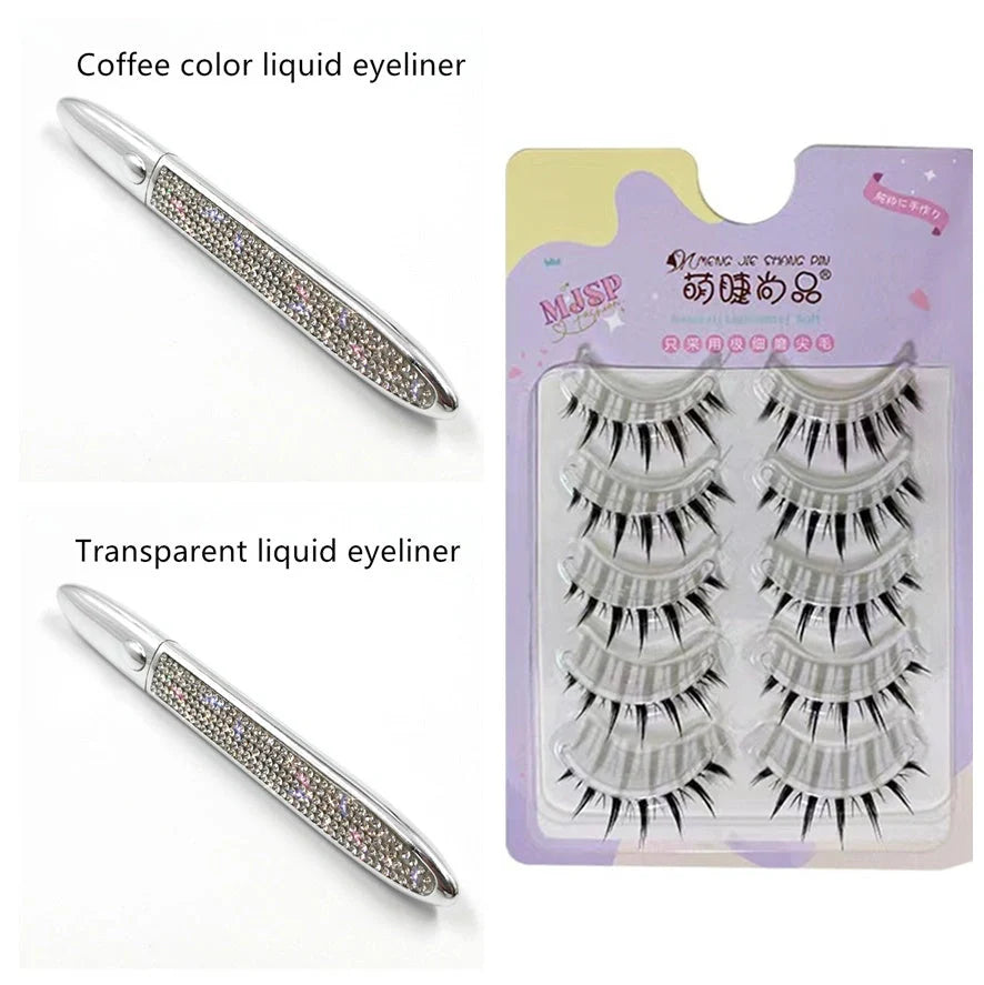 Multifunctional Self-Adhesive Eyeliner & Lashes Set with Black, Coffee, and Transparent Eyeliner Options and Full Diamond, Pearl, and Silver Lash Finishes