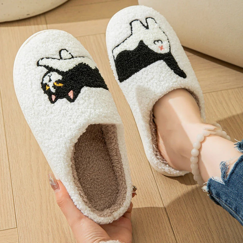 Cozy cartoon-printed slippers in white with soft, comfortable cotton and non-slip soles for indoor and outdoor wear
