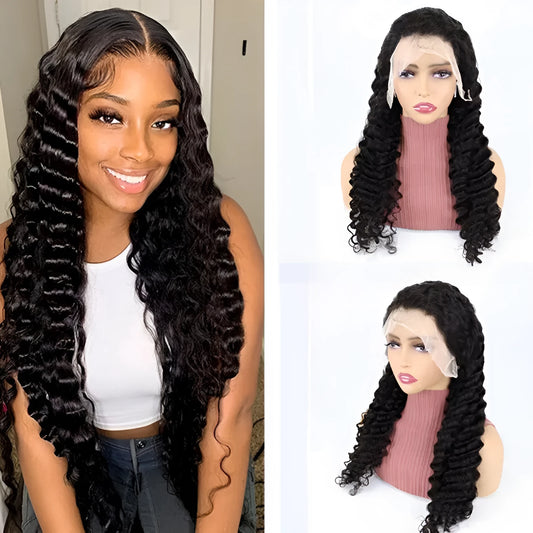 Solid colour human hair half lace wig shown in long length, demonstrating natural fall and lace front.