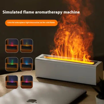Square USB plug-in aroma diffuser with colourful simulated flame lighting effect