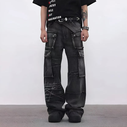 Men's black wide-leg cotton trousers with embroidery details on mid waist design