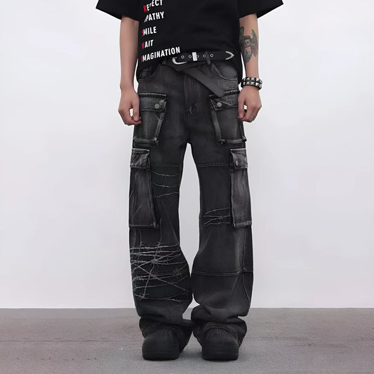 Men's black wide-leg cotton trousers with embroidery details on mid waist design