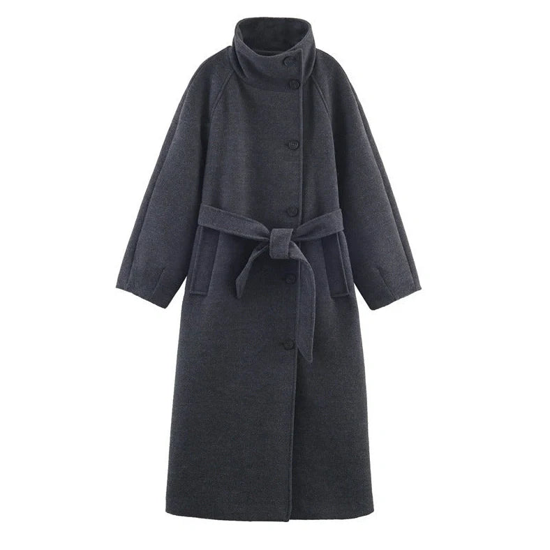 Grey women's stand collar belt overcoat with 100cm lengthened design and medium thickness construction