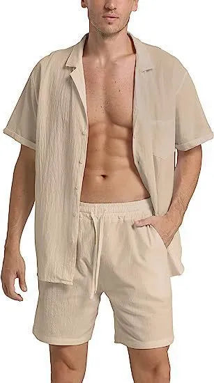 Men's light grey flax linen short-sleeved top and shorts summer sports suit