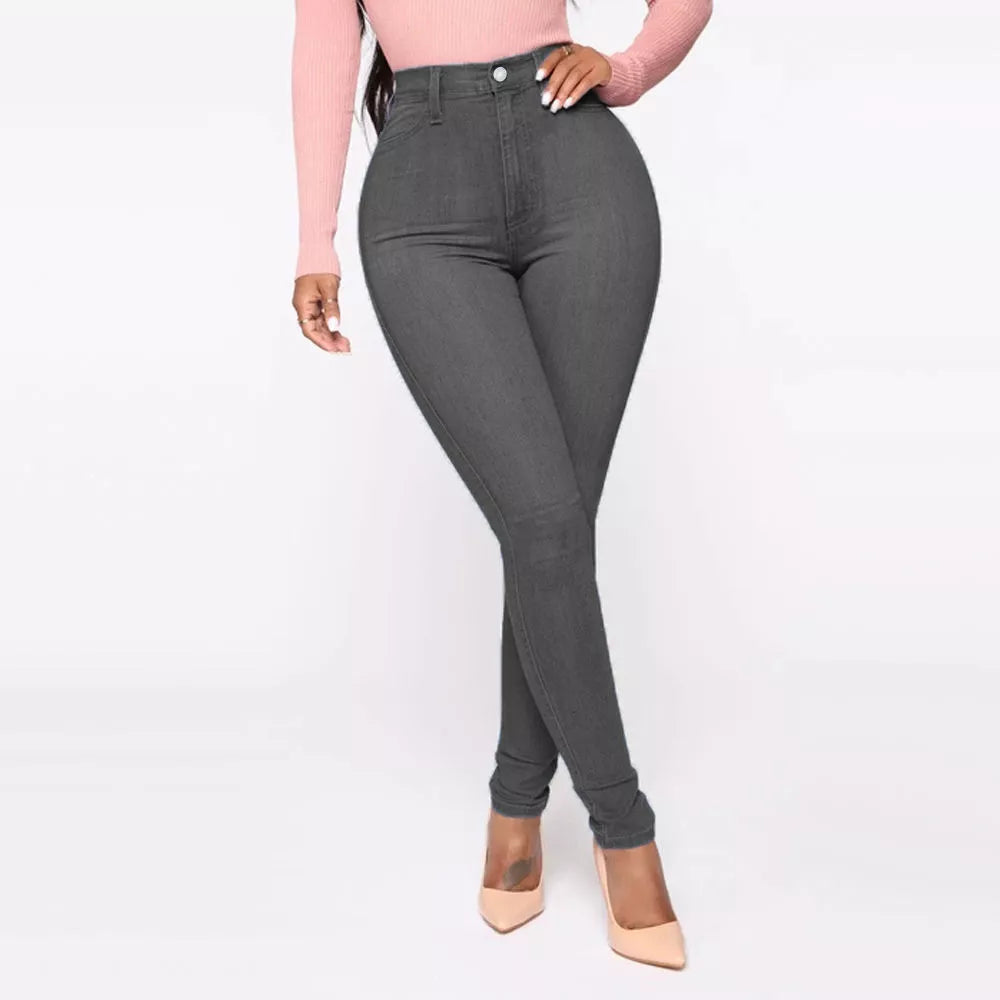 Women's high waist slimming jeans in black, gray, light blue, and dark blue with functional pockets