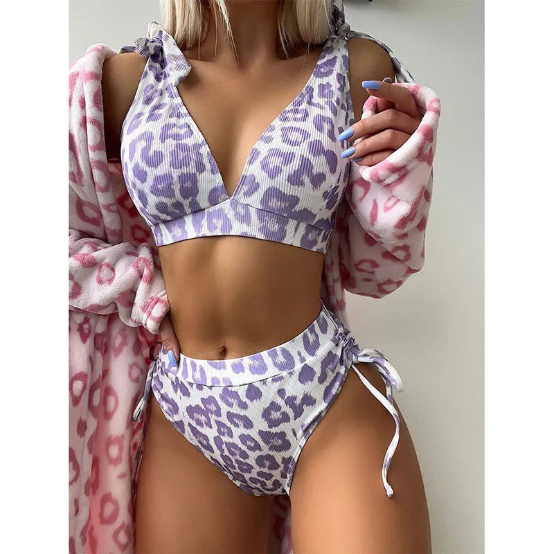 Women's purple leopard print lace-up top and high-waist shorts two-piece suit set