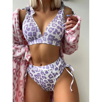 Women's purple leopard print lace-up top and high-waist shorts two-piece suit set