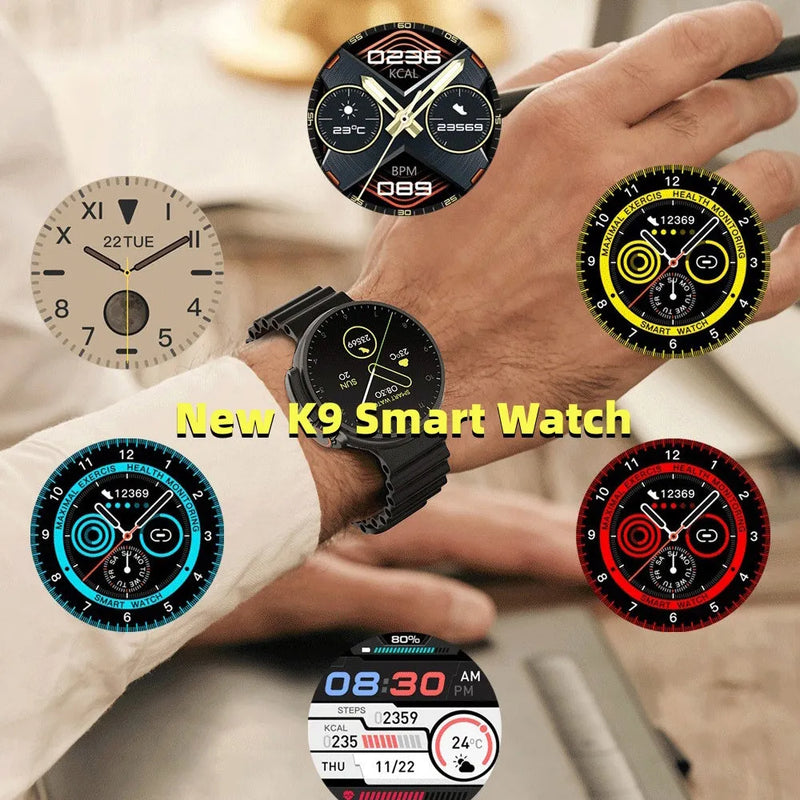 K9 smart watch with 1.39 inch round screen featuring wireless charging, NFC payment function and health monitoring for Android and iOS smartphones, available in black, orange, silver brown and yellow colour options with silicone strap