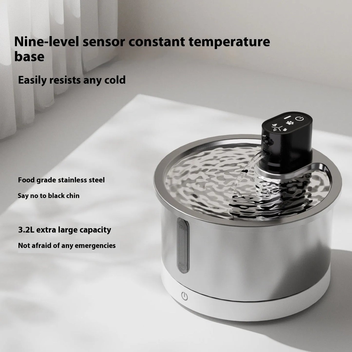 Stainless steel cat water fountain with constant temperature heating base in black or white colour options