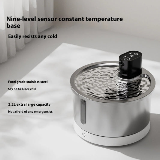 Stainless steel cat water fountain with constant temperature heating base in black or white colour options